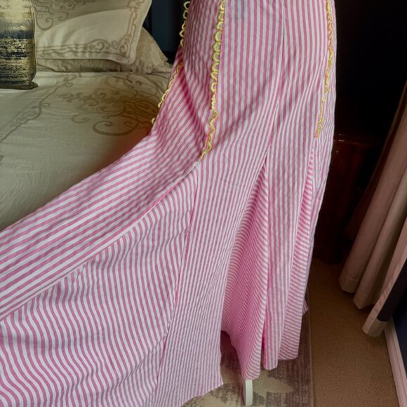 Pink and White Striped w Yellow Trim Flounce Tie Top and Maxi Skirt Set - Picture 5 of 15